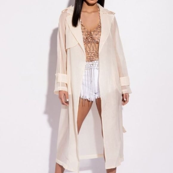 Callie Long Chiffon: Sheer Mesh Sash Trench Duster Jacket M L - Picture 11 of 11